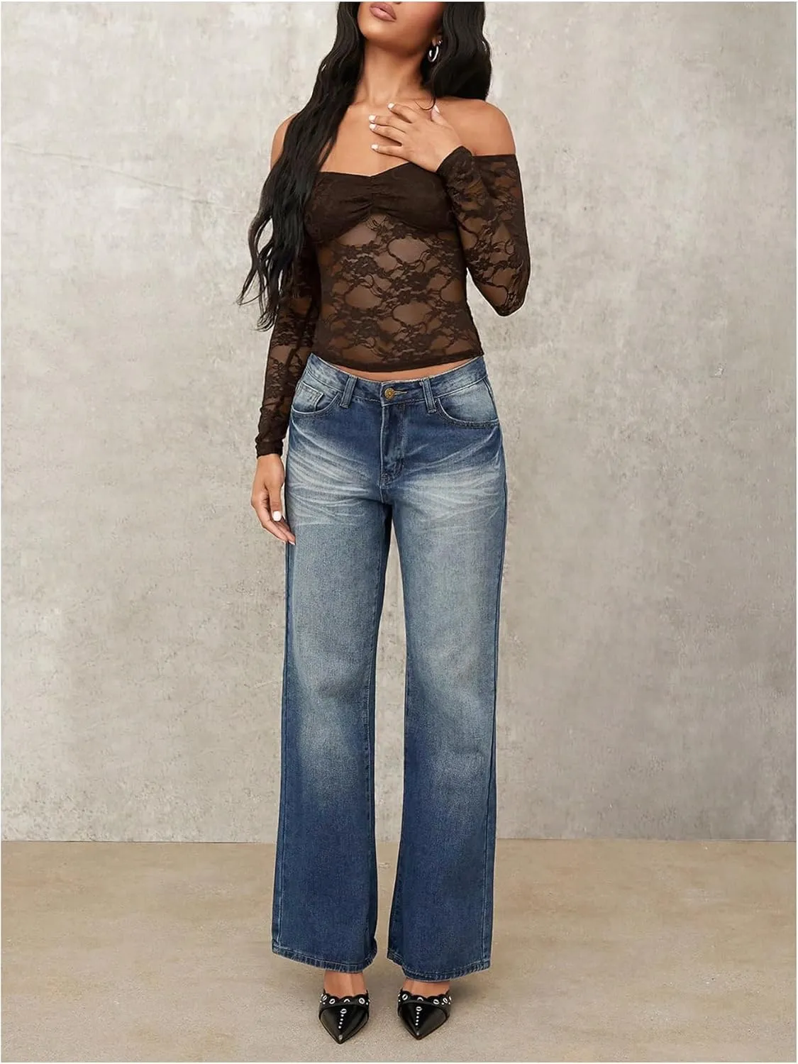 Milumia Women's Sexy Sheer Mesh Off The Shoulder Lace Long Sleeve Top Y2K Rave