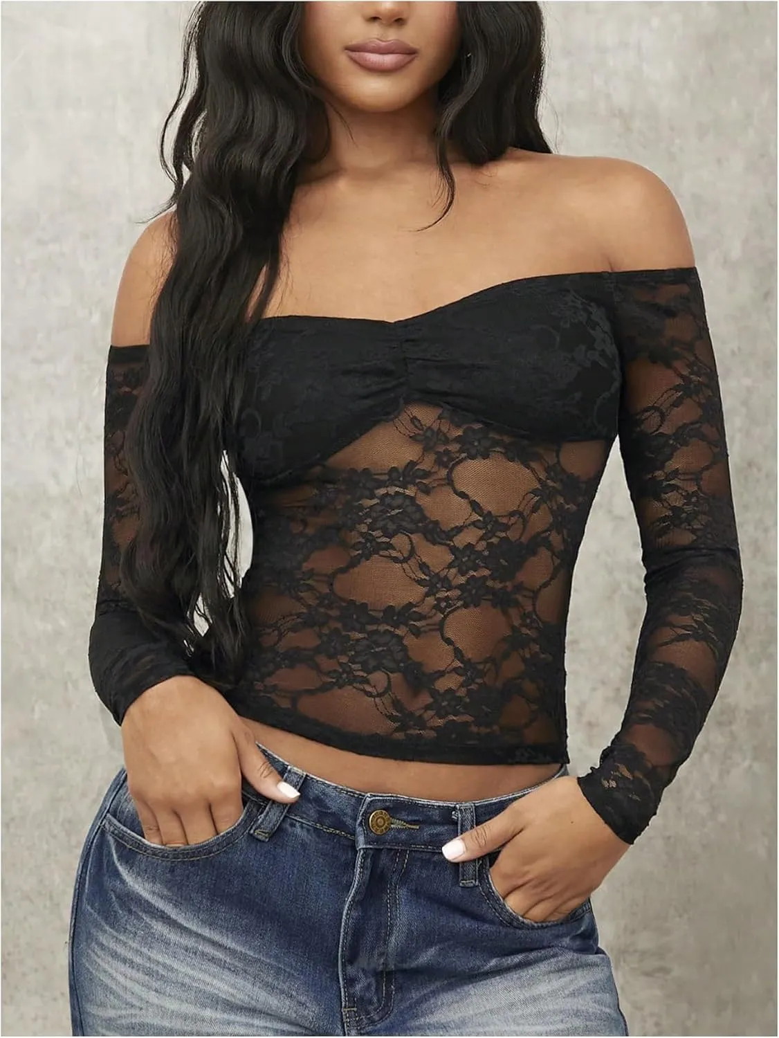 Milumia Women's Sexy Sheer Mesh Off The Shoulder Lace Long Sleeve Top Y2K Rave