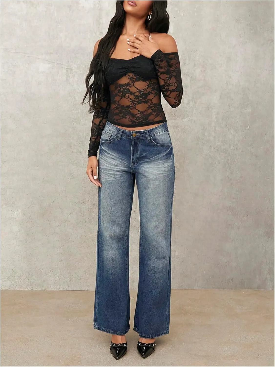 Milumia Women's Sexy Sheer Mesh Off The Shoulder Lace Long Sleeve Top Y2K Rave