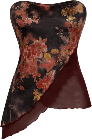 Milumia Women's Vintage Floral Tube Top Asymmetrical Hem Strapless Mesh Tops