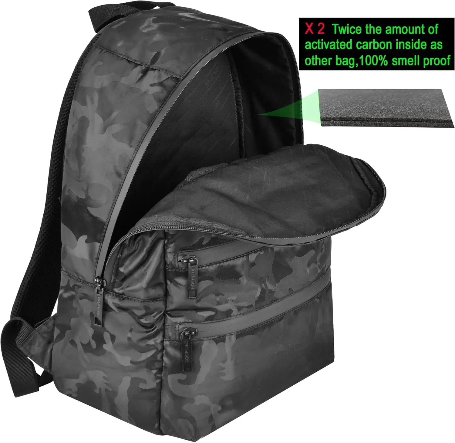 Mini Backpack Bag-Smell Proof-USB Charging Port Daypack Travel bags With Carbon Lining for Men & Women Travel (Camouflage Black)