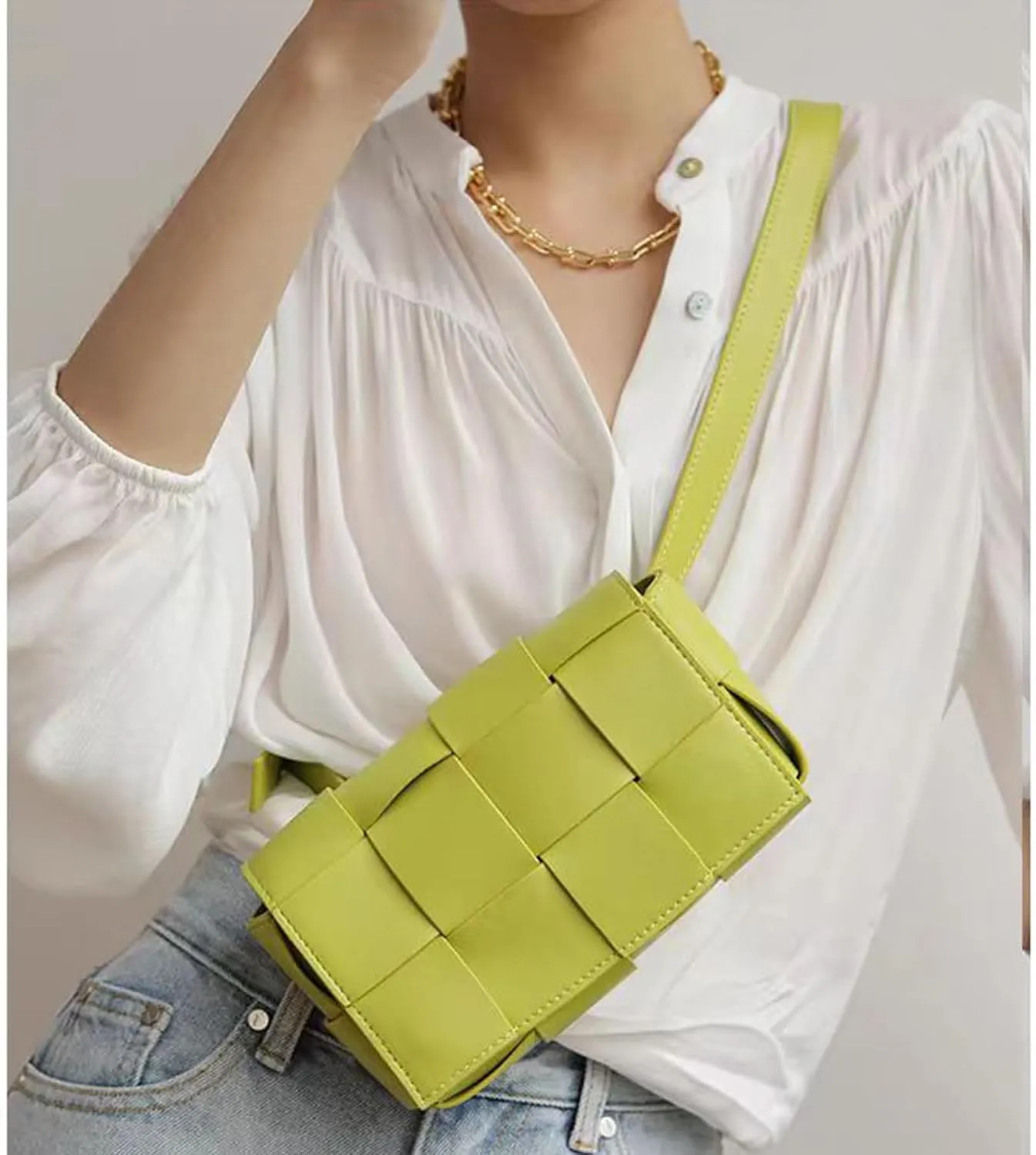 Mini Woven Lether Purse Crossbody, Waist Pack Bag with Adjustable Belt, Fanny Packs Purse, Shoulder Handbags (Khaki)