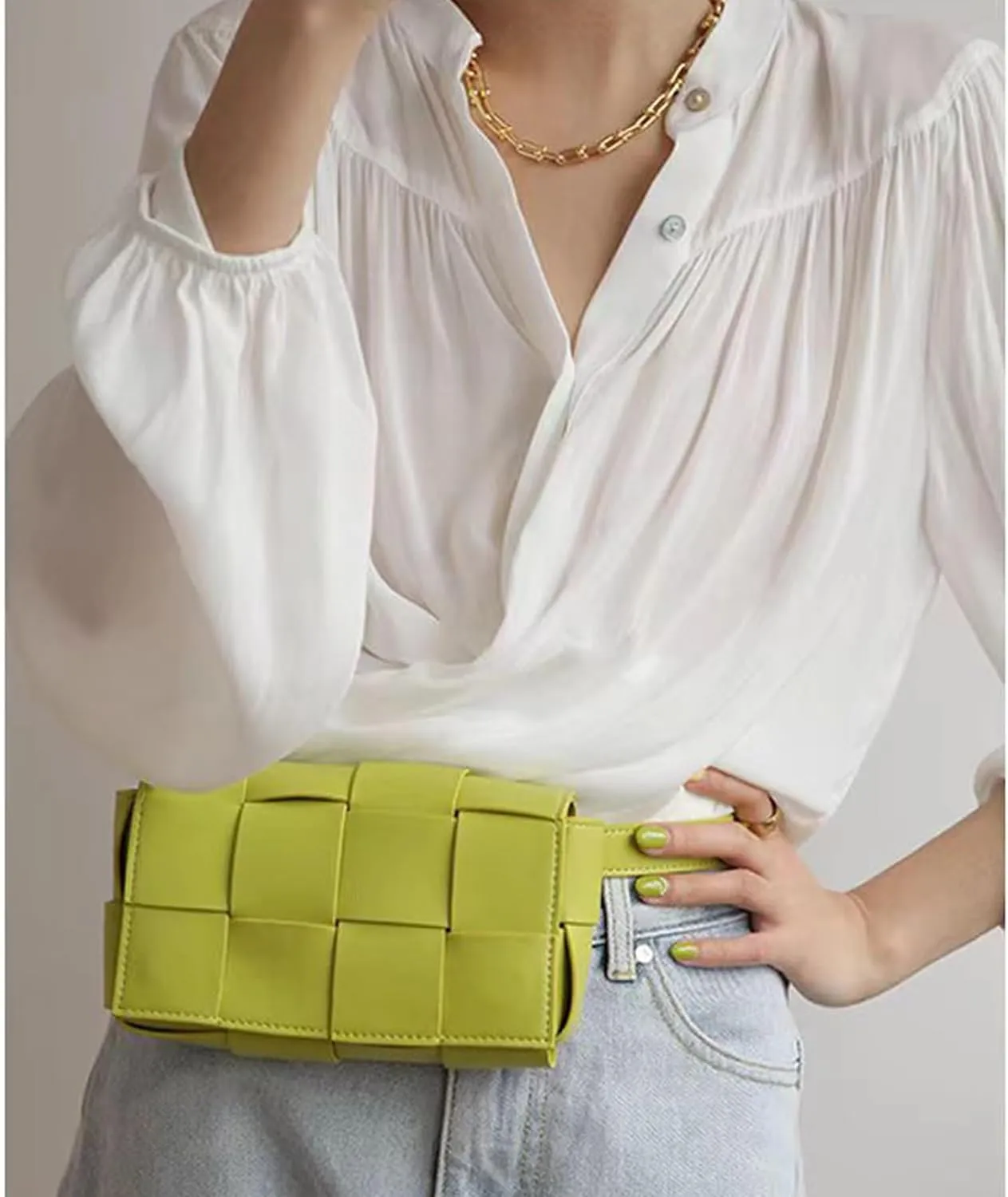 Mini Woven Lether Purse Crossbody, Waist Pack Bag with Adjustable Belt, Fanny Packs Purse, Shoulder Handbags (Khaki)