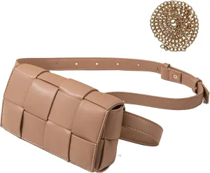 Mini Woven Lether Purse Crossbody, Waist Pack Bag with Adjustable Belt, Fanny Packs Purse, Shoulder Handbags (Khaki)