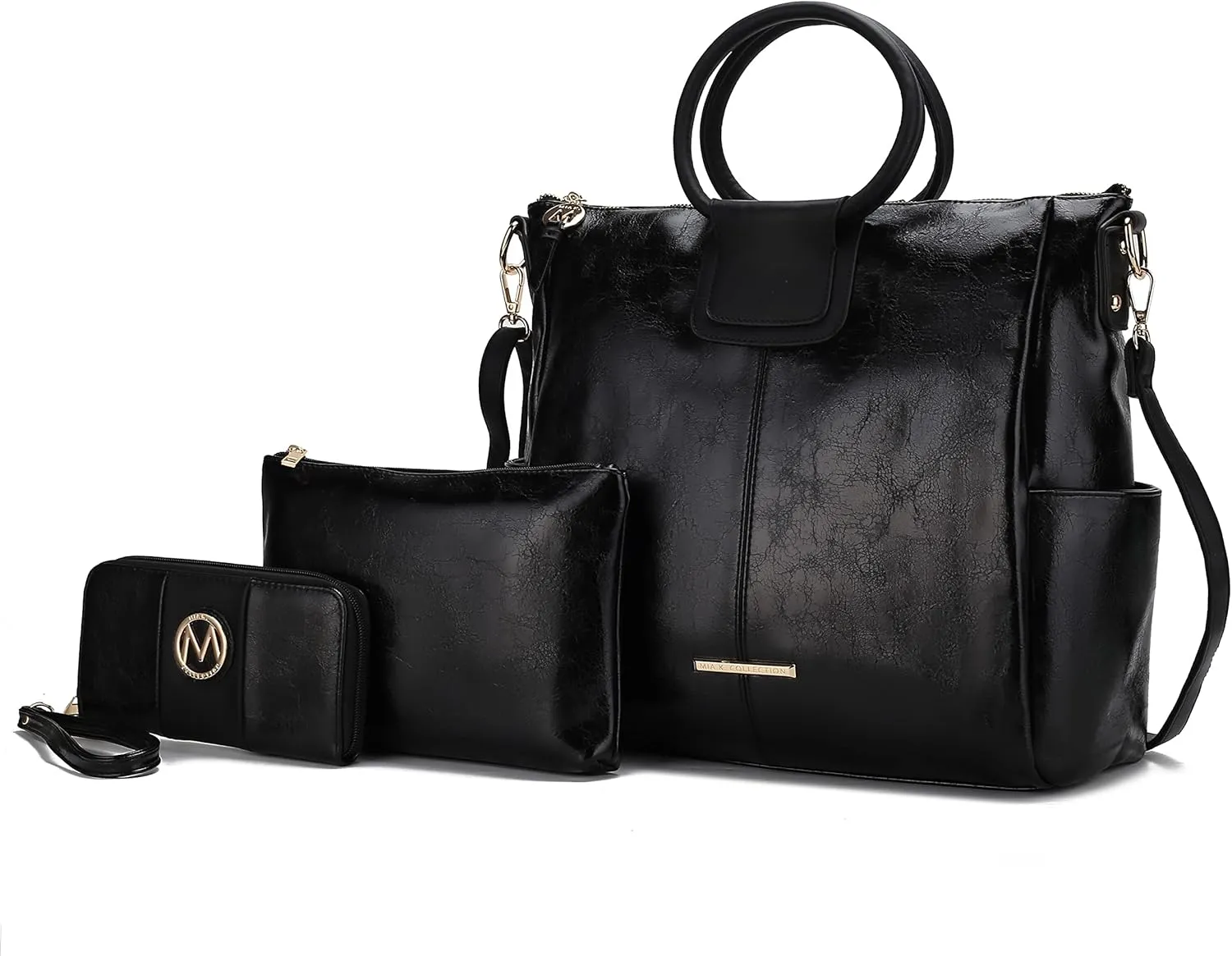 MKF Collection Shoulder Bag for Women, Crossbody Purse & Wristlet: PU Leather Satchel Pocketbook 3 PCs Handbag Set