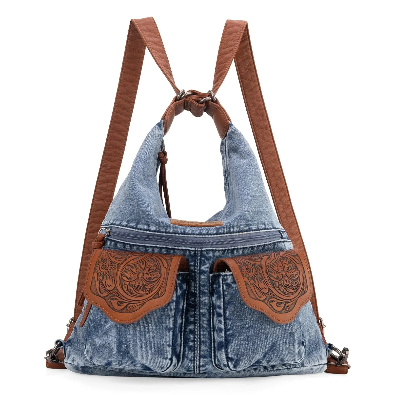 Montana West Wrangler Floral Tooled Denim Hobo/Crossbody Backpack