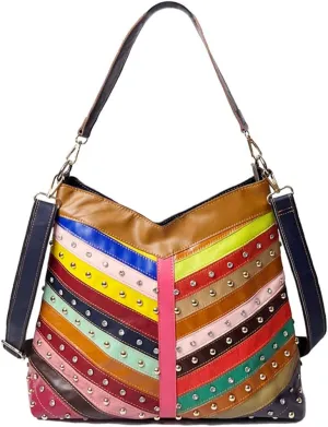 Multi-color Handbag for Women Cow Leather Purse Random Colorful Patchwork Shoulder Bag Rivets Snake pattern Satchel