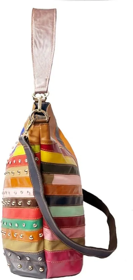 Multi-color Handbag for Women Cow Leather Purse Random Colorful Patchwork Shoulder Bag Rivets Snake pattern Satchel