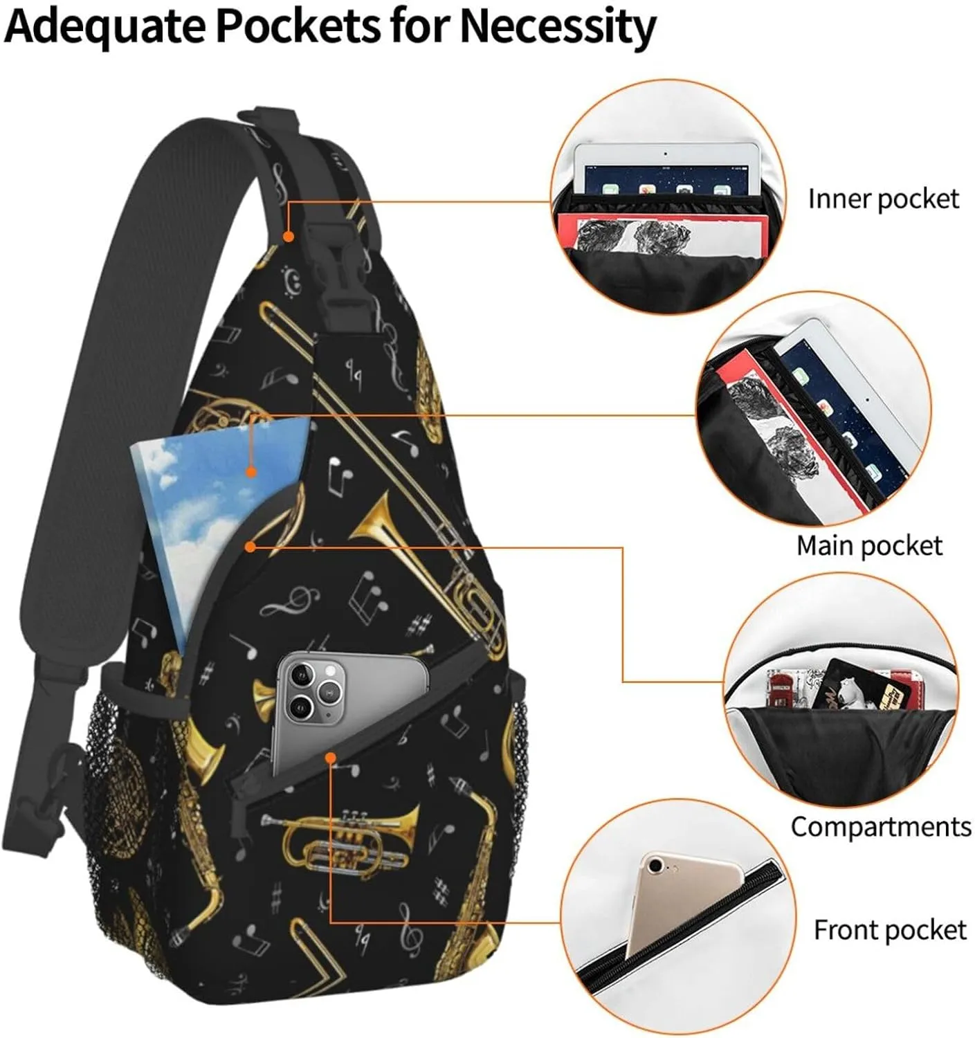 Musical Instruments Shoulder Bag Crossbody Backpack Chest Bag Lightweight Sling Daypackstravel Hiking Cycling For Men Women