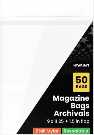 Mylar Magazine Bags with Resealable Flap - 9"x11.25" Acid-Free Protection for TIME/People/Vogue, 2 Mil Archival Sleeves (50 Pack)