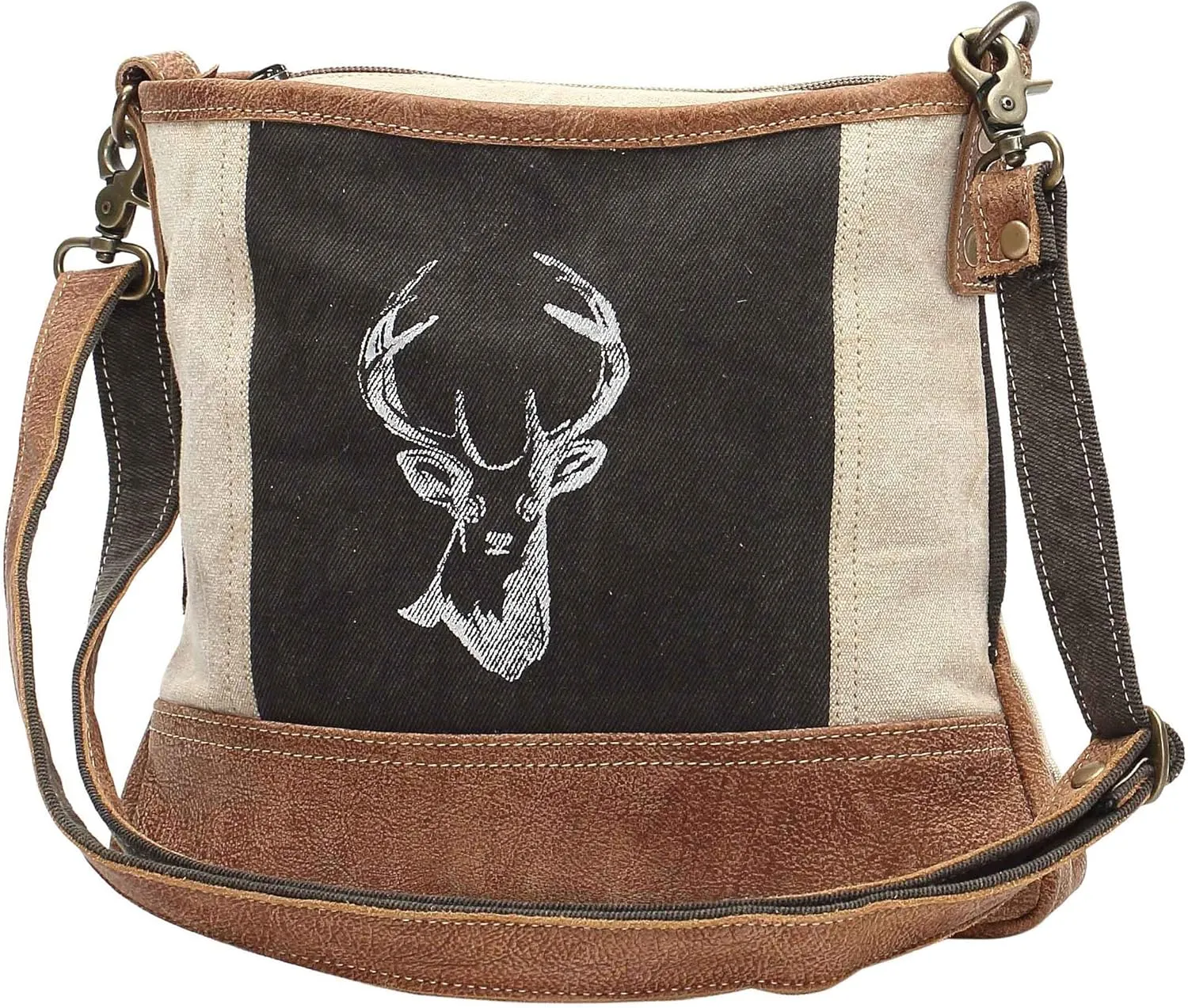 Myra Bags Reindeer Upcycled Canvas Crossbody Bag S-1033, Tan, Khaki, Brown, One_Size