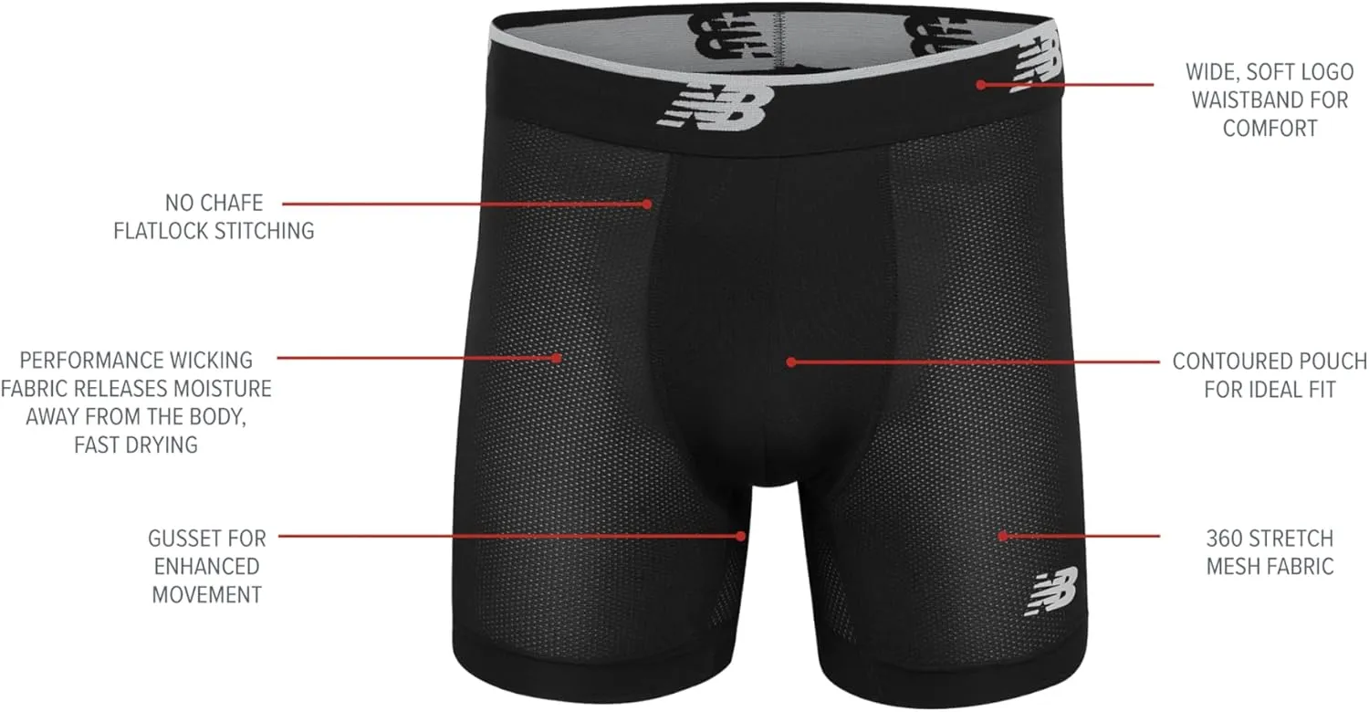 New Balance Men's No Fly Boxer Brief Underwear with Jacquard Waistband, Breathable Lightweight, Moisture Wicking (3 Pack)