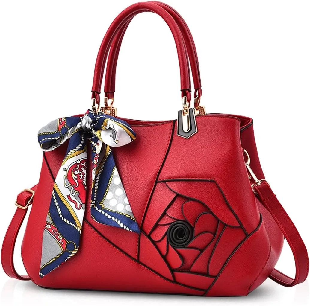 NICOLE&DORIS Flowers Handbag for Women Top Handle Bags PU Leather Messenger Bag Fashion Shoulder Bag Tote Satchel Ladies Crossbody Bag Red Wine