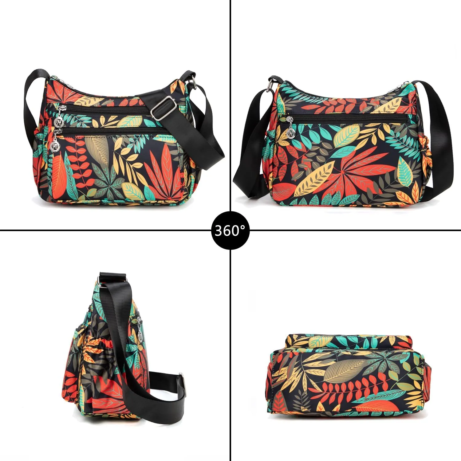 Nylon Floral Multi-Pocket Crossbody Purse Bags for Women Travel Shoulder Bag