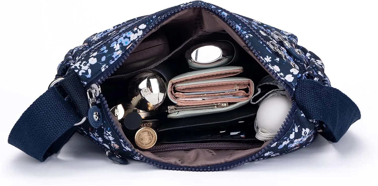Nylon Floral Multi-Pocket Crossbody Purse Bags for Women Travel Shoulder Bag