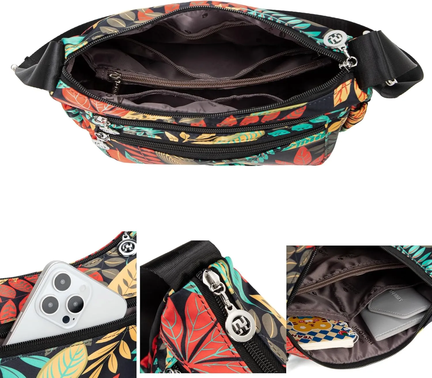 Nylon Floral Multi-Pocket Crossbody Purse Bags for Women Travel Shoulder Bag