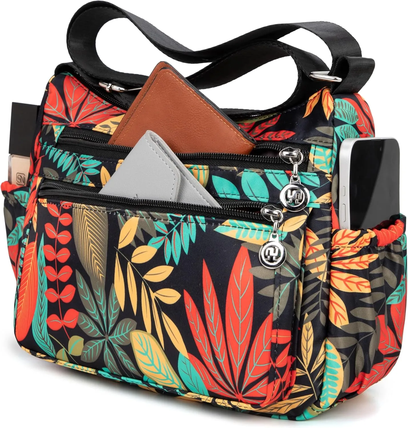 Nylon Floral Multi-Pocket Crossbody Purse Bags for Women Travel Shoulder Bag