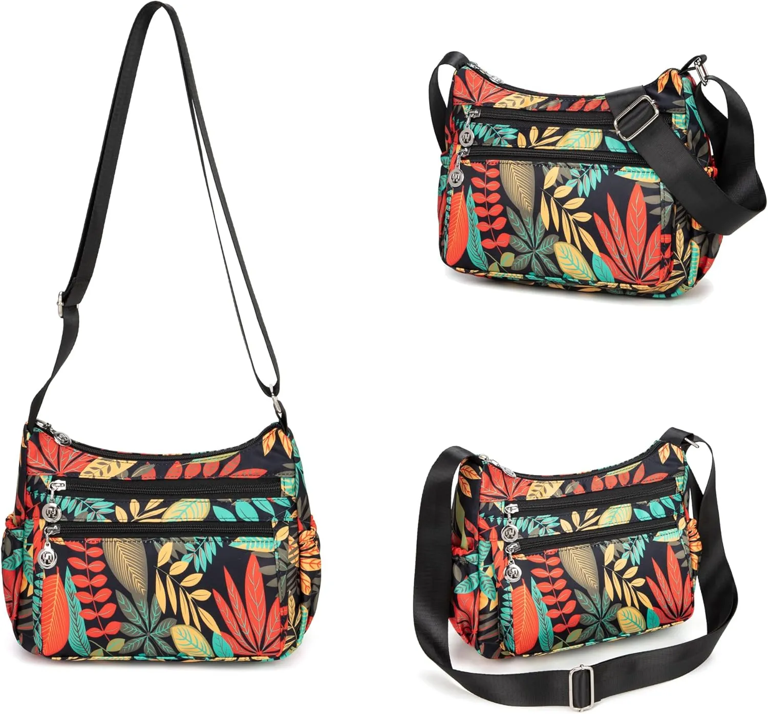 Nylon Floral Multi-Pocket Crossbody Purse Bags for Women Travel Shoulder Bag