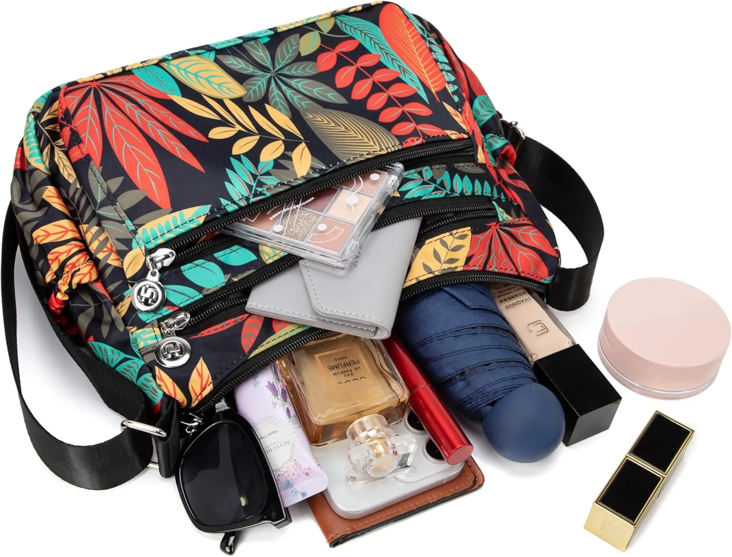 Nylon Floral Multi-Pocket Crossbody Purse Bags for Women Travel Shoulder Bag