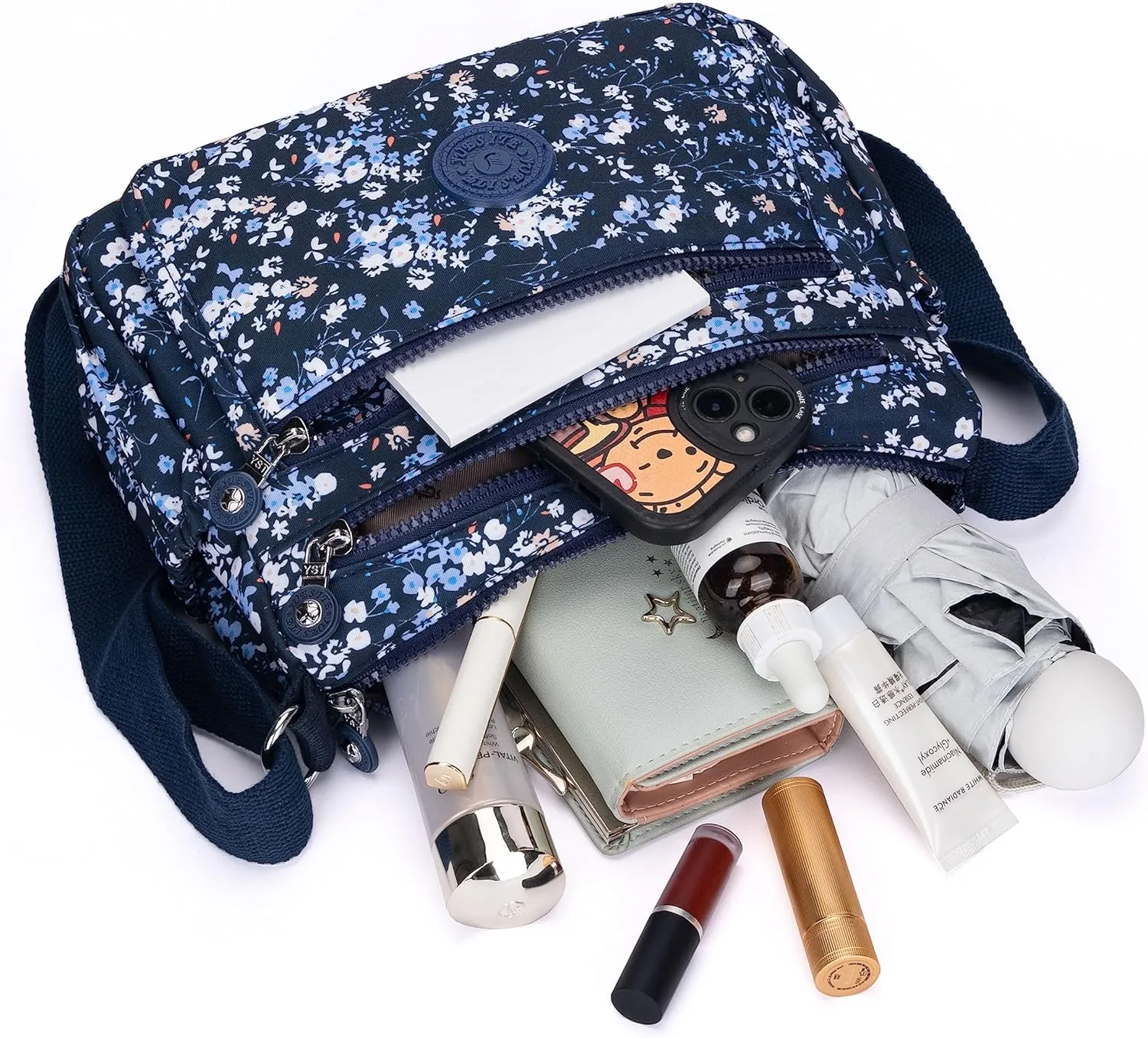 Nylon Floral Multi-Pocket Crossbody Purse Bags for Women Travel Shoulder Bag
