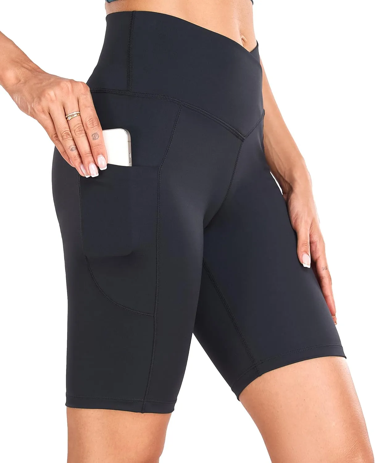 Oalka Women's Short Yoga Side Pockets High Waist Workout Running Shorts