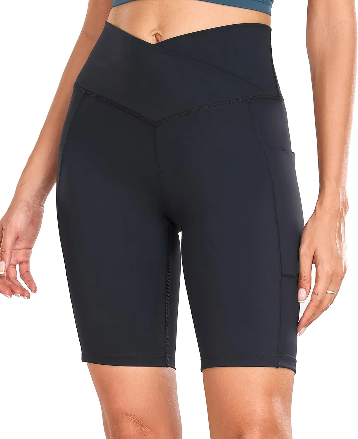 Oalka Women's Short Yoga Side Pockets High Waist Workout Running Shorts