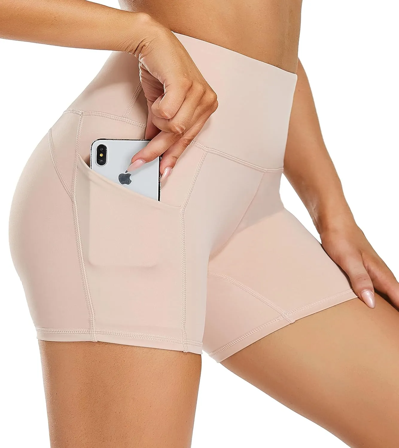 Oalka Women's Short Yoga Side Pockets High Waist Workout Running Sports Shorts 4"
