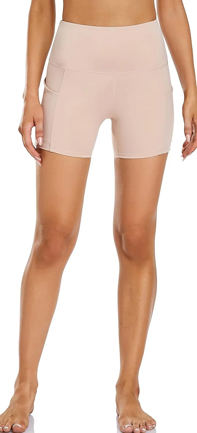 Oalka Women's Short Yoga Side Pockets High Waist Workout Running Sports Shorts 4"