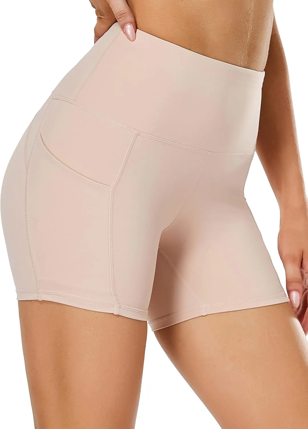 Oalka Women's Short Yoga Side Pockets High Waist Workout Running Sports Shorts 4"