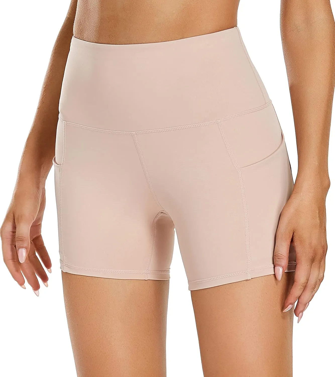 Oalka Women's Short Yoga Side Pockets High Waist Workout Running Sports Shorts 4"