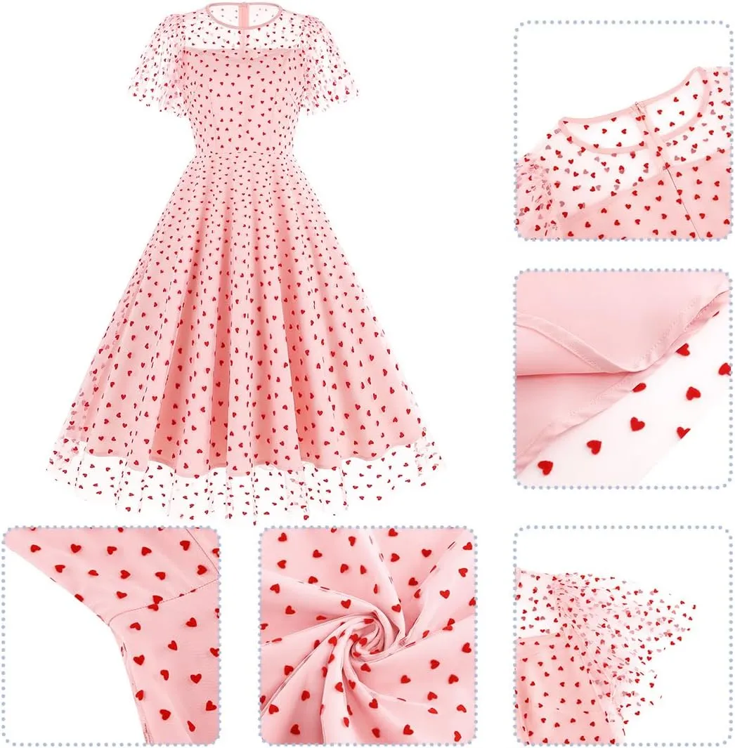 ODIZLI Women's 1950s Retro Vintage Dress Short Sleeve Round Neck Heart Print Embroidery Ruffle Mesh Swing Dress