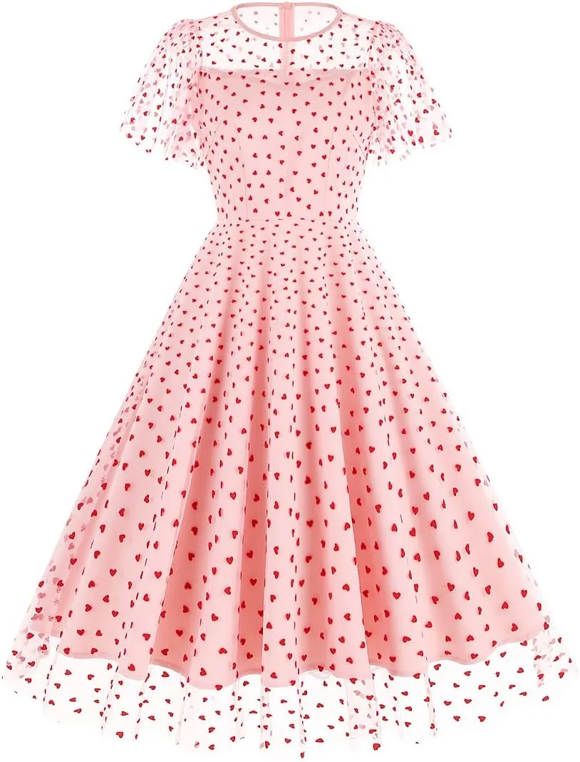ODIZLI Women's 1950s Retro Vintage Dress Short Sleeve Round Neck Heart Print Embroidery Ruffle Mesh Swing Dress