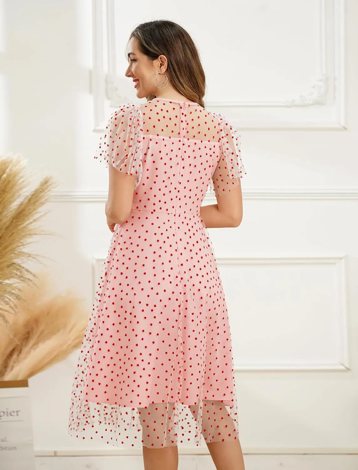 ODIZLI Women's 1950s Retro Vintage Dress Short Sleeve Round Neck Heart Print Embroidery Ruffle Mesh Swing Dress