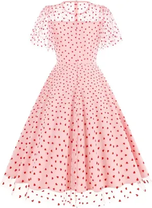 ODIZLI Women's 1950s Retro Vintage Dress Short Sleeve Round Neck Heart Print Embroidery Ruffle Mesh Swing Dress