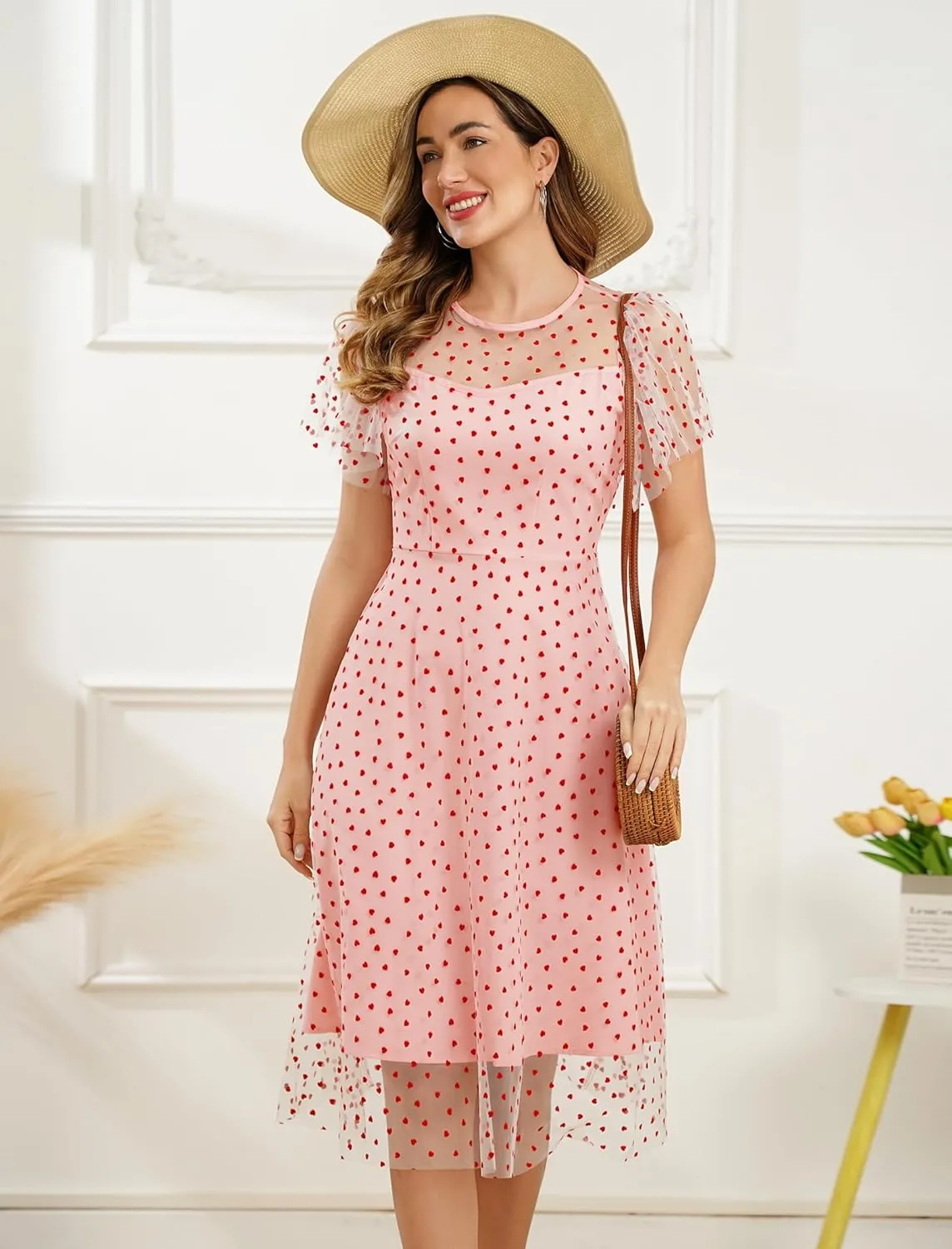 ODIZLI Women's 1950s Retro Vintage Dress Short Sleeve Round Neck Heart Print Embroidery Ruffle Mesh Swing Dress