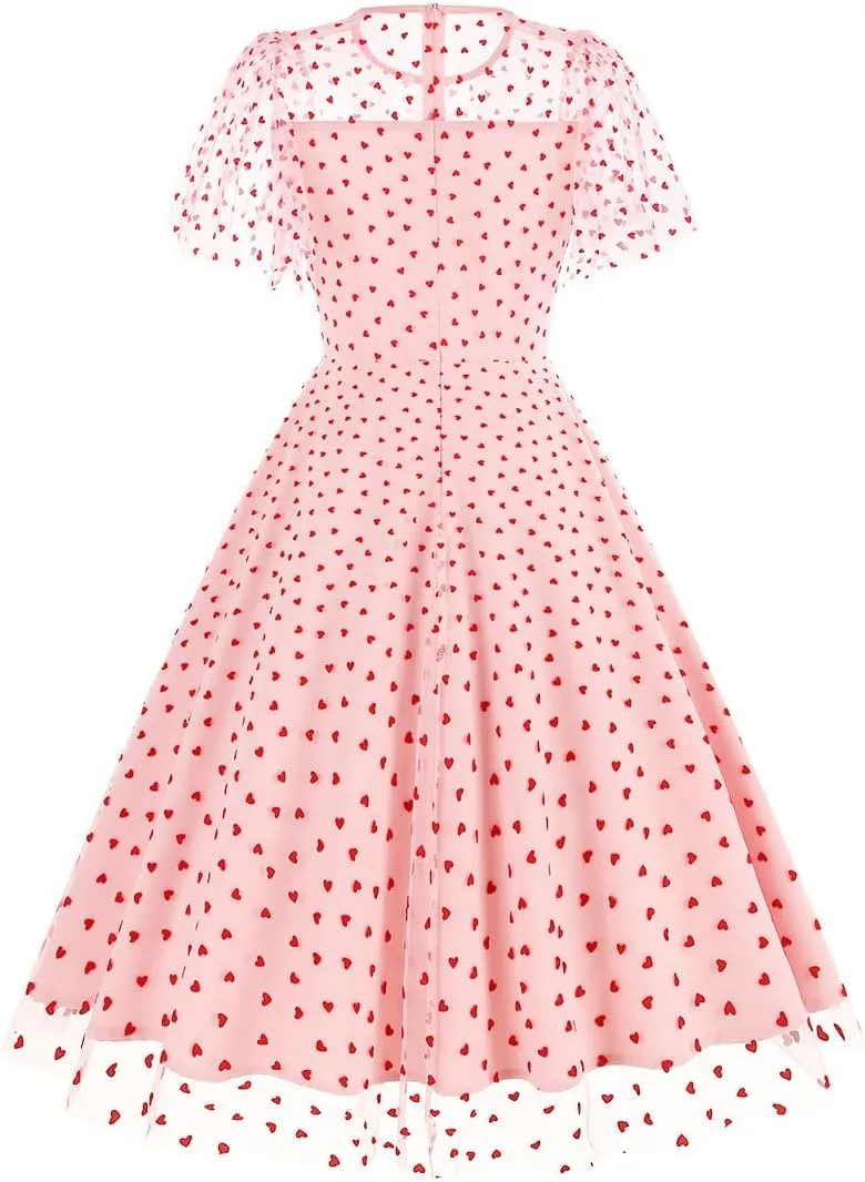 ODIZLI Women's 1950s Retro Vintage Dress Short Sleeve Round Neck Heart Print Embroidery Ruffle Mesh Swing Dress