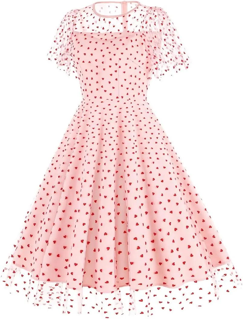 ODIZLI Women's 1950s Retro Vintage Dress Short Sleeve Round Neck Heart Print Embroidery Ruffle Mesh Swing Dress