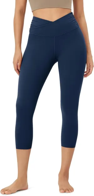ODODOS Women's Cross Waist Yoga Leggings with Inner Pocket, 23"/25"/28" Gathered Crossover Workout Yoga Pants