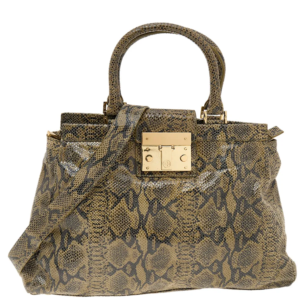 Olive Green/Black Python Embossed Leather Satchel