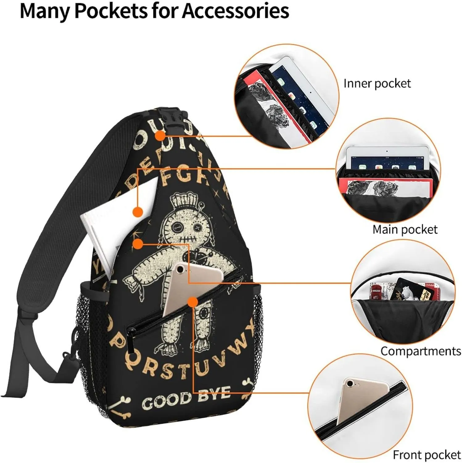 Ouija Board Voodoo Doll Occultism Sling Backpack Crossbody Sling Bag for Women Men Shoulder Bag Travel Hiking Daypack