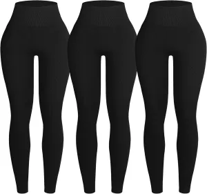 OVESPORT 3 Piece Ribbed Seamless Leggings for Women High Waist Workout Gym Athletic Yoga Pants