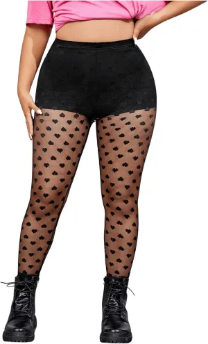 OYOANGLE Women's Plus Size Heart Print Mesh Sheer Pantyhose High Waist Control Top Stockings Footless Tights