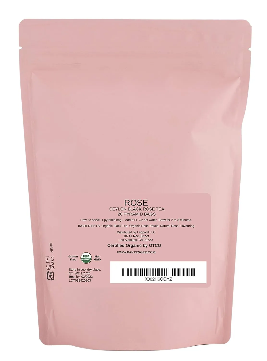 Pantenger Rose Black Tea. 20 Pyramid Bags. Organic Ceylon OP tea and Rose Petals from Morocco.