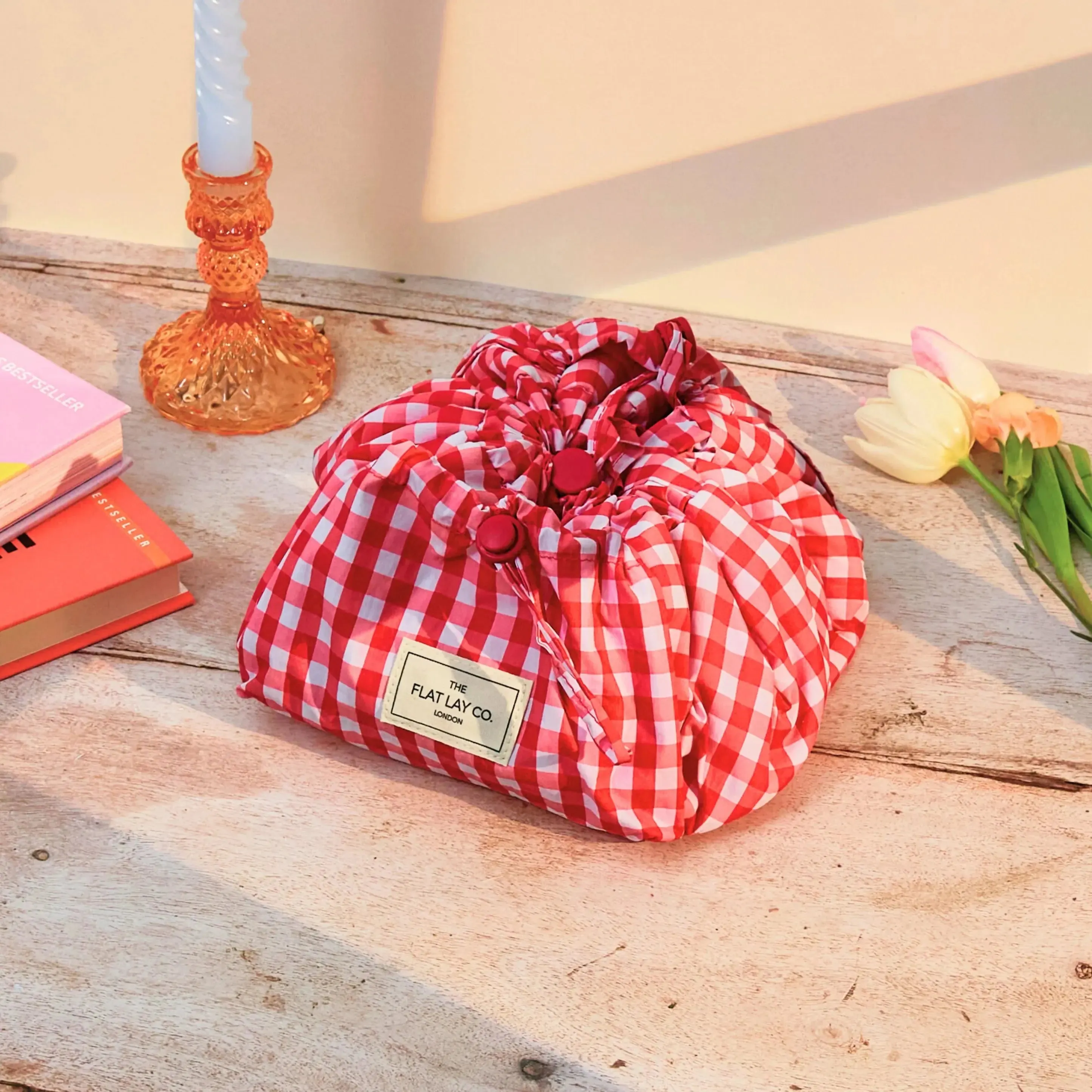 Parachute Drawstring Flat Lay Makeup Bag | Red Gingham