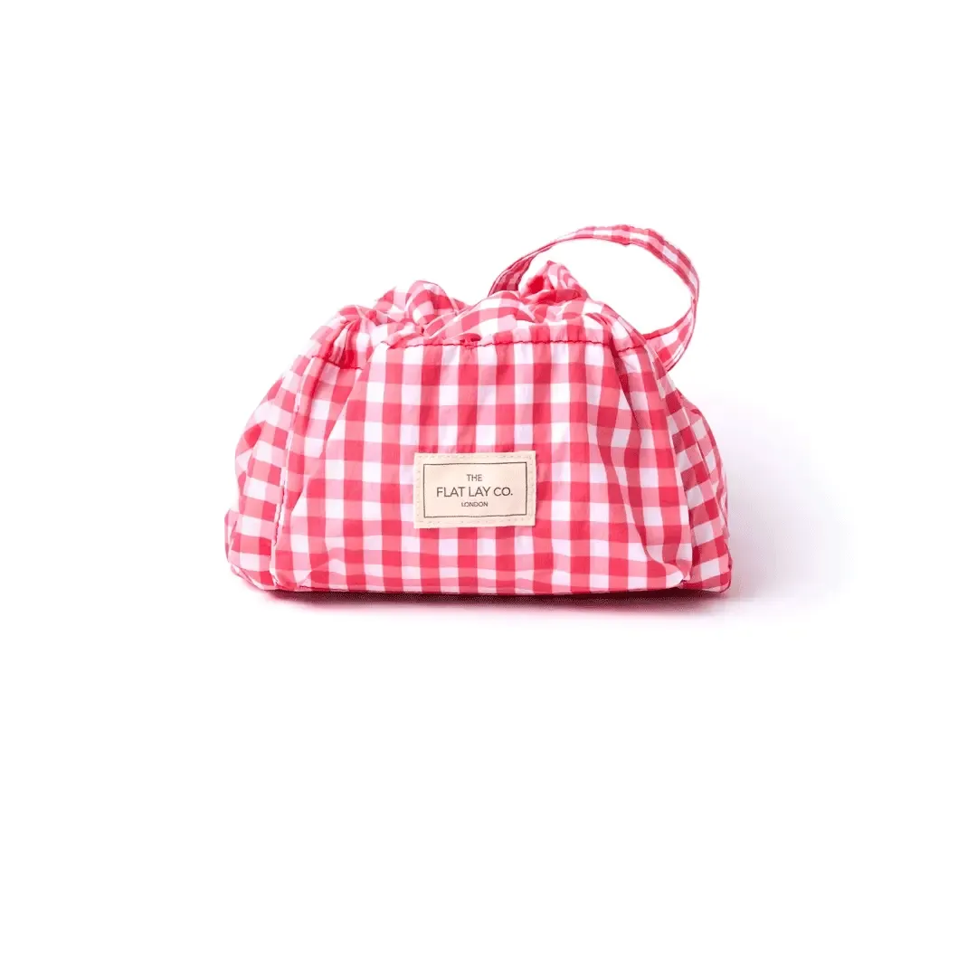 Parachute Drawstring Flat Lay Makeup Bag | Red Gingham