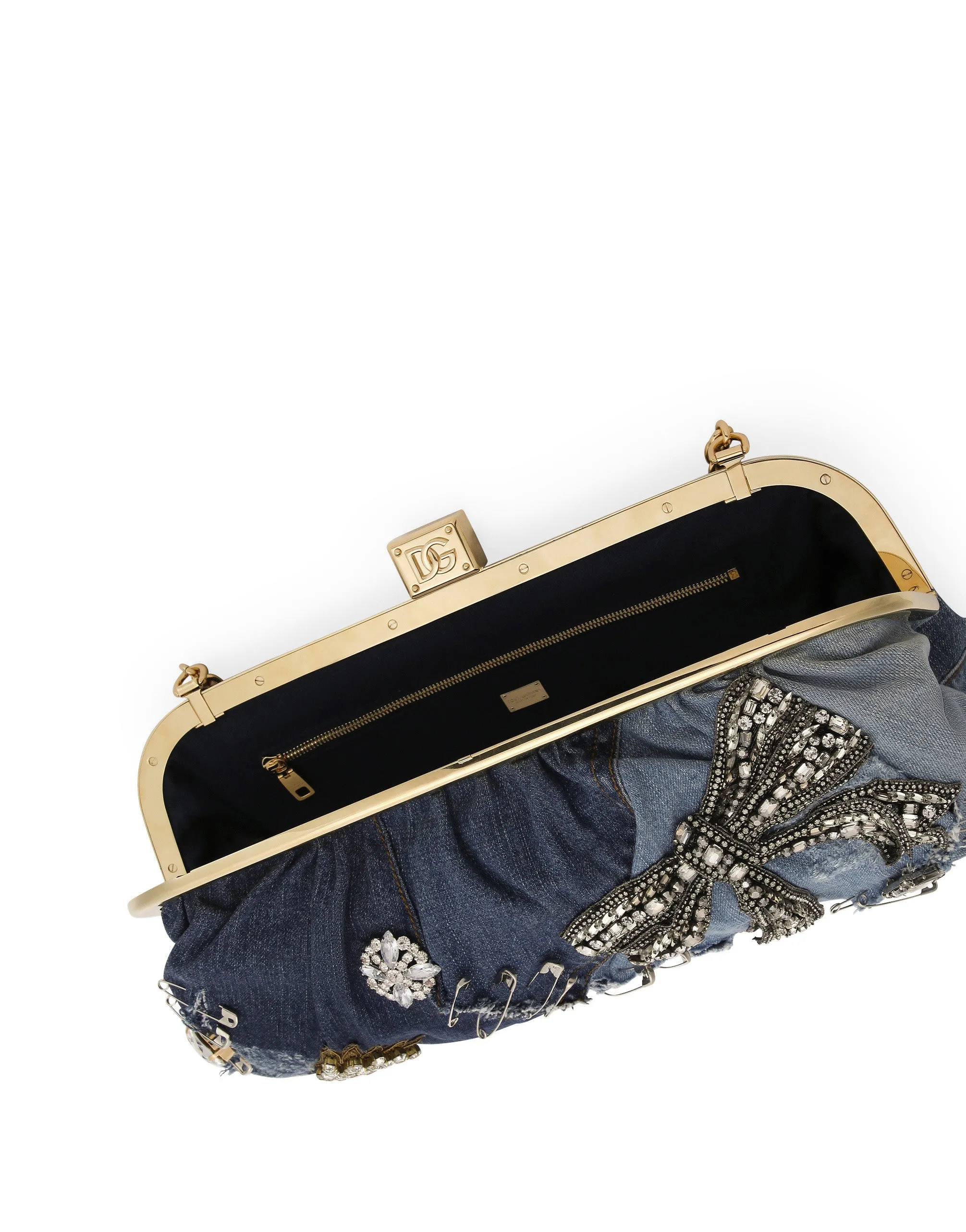 Patchwork denim Maria clutch with embroidery