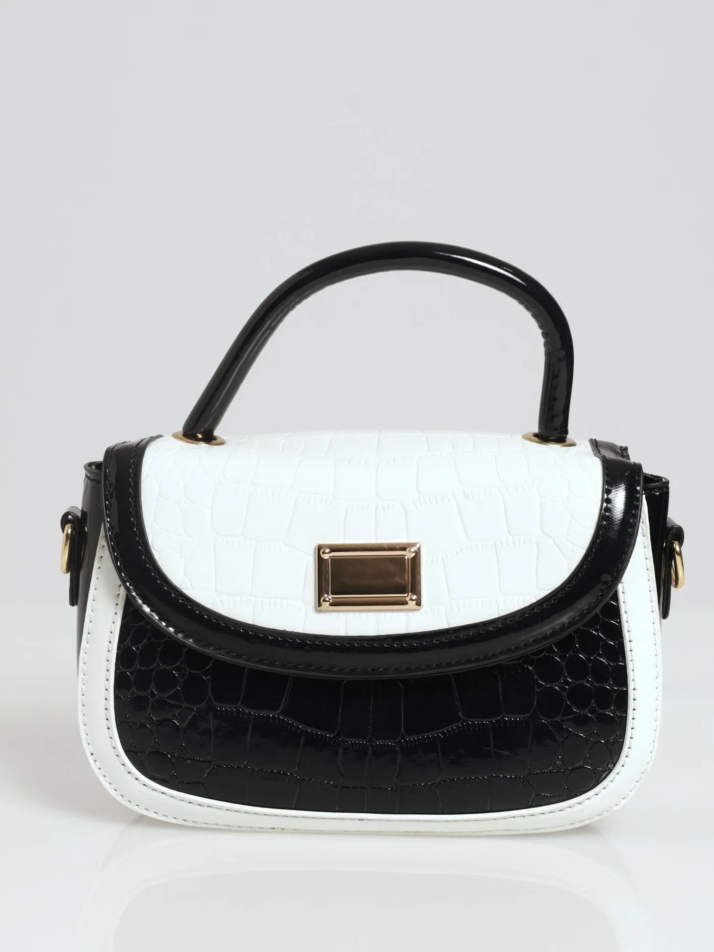 Patent Croc Rounded Shape Satchel - Cream