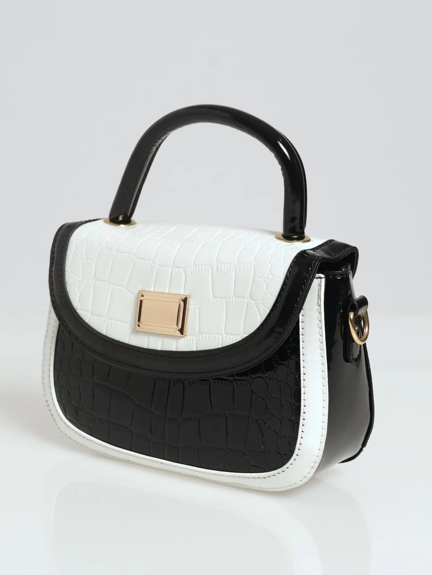 Patent Croc Rounded Shape Satchel - Cream