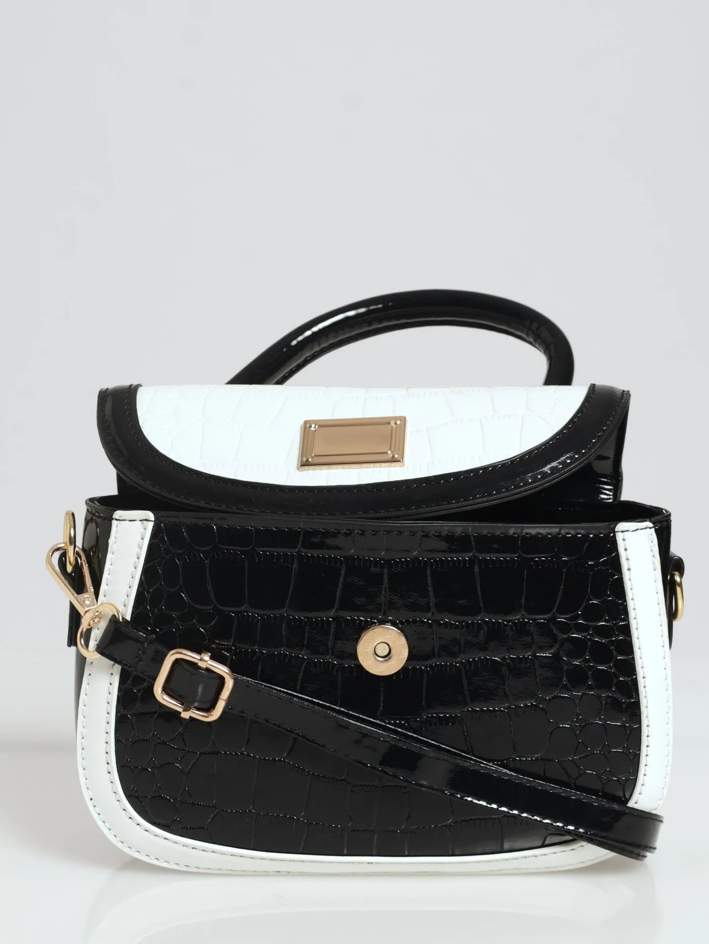 Patent Croc Rounded Shape Satchel - Cream