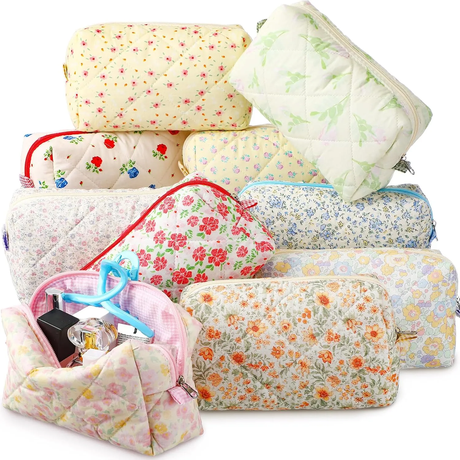 Paterr 10 Pcs Cotton Quilted Makeup Bag Bulk Floral Cosmetic Pouch Gingham Make up Bag Coquette Aesthetic Makeup Pouch with Zipper Travel Portable Case Preppy Gifts for Women(Classic Style)